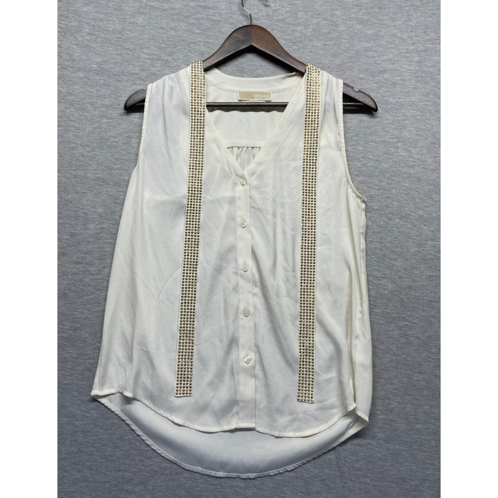 Michael Kors Blouse Top Womens Small Cream Gold Studded Tie‎ Detail Button Front